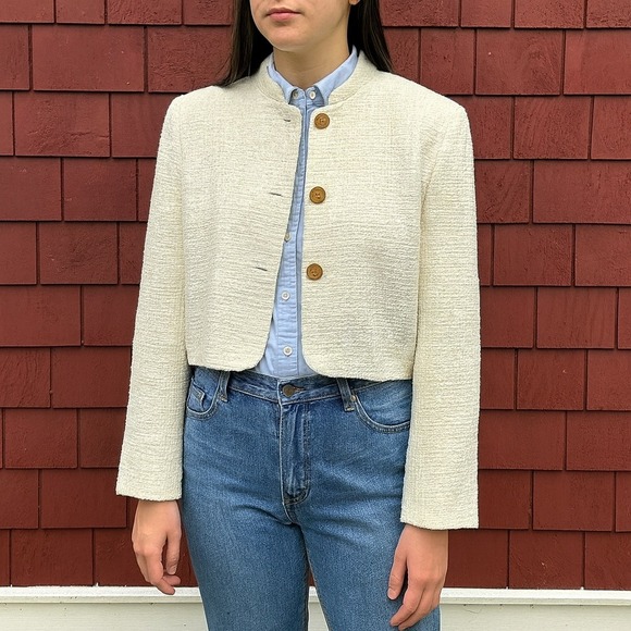 Zara Jackets & Blazers - Zara Textured Jacket Womens XL Cream‎ Gold Button Preppy Classic Tweed Holiday